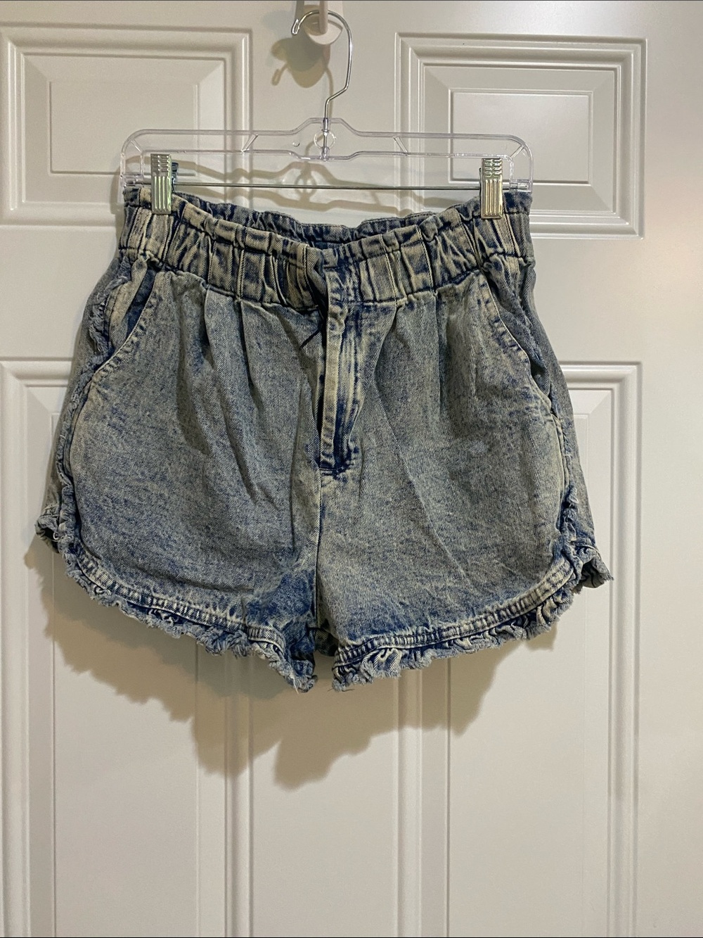 Very J Acid-Wash Blue Paperbag Denim Shorts